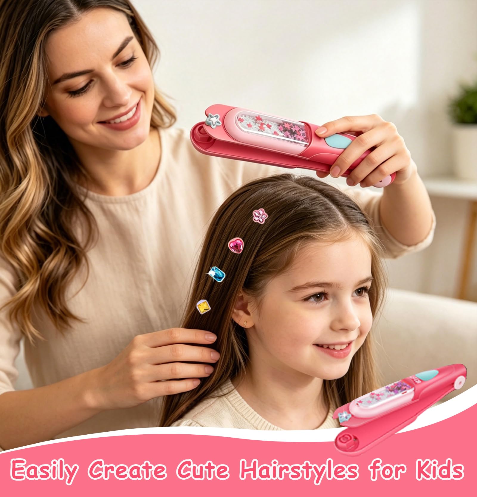 Hair Gem Stamper Kit with 100 Mini Hair Elastics – Bling Hair Jewels for Girls 3-12