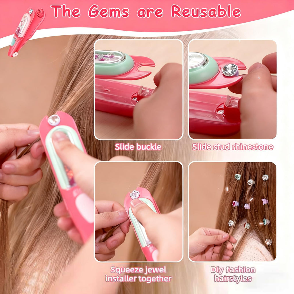 Hair Gem Stamper Kit with 100 Mini Hair Elastics – Bling Hair Jewels for Girls 3-12