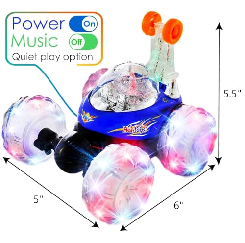 Haktoys RC Tornado Stunt Car – 360° Flip, Lights & Music, Rechargeable for Toddlers (Blue)