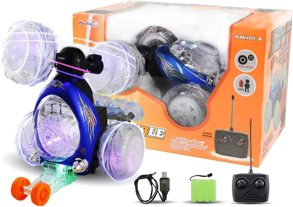 Haktoys RC Tornado Stunt Car – 360° Flip, Lights & Music, Rechargeable for Toddlers (Blue)