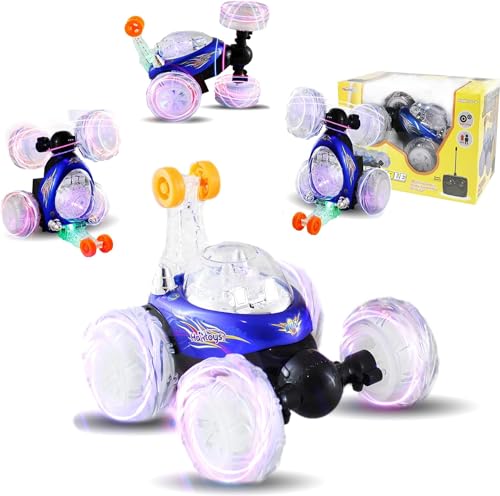 Haktoys RC Tornado Stunt Car – 360° Flip, Lights & Music, Rechargeable for Toddlers (Blue)