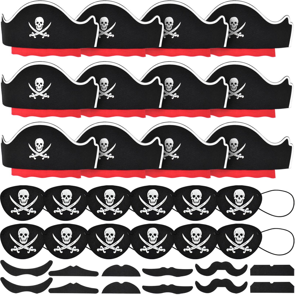 Halatool 36-Piece Pirate Accessories Set – Felt Hats, Eye Patches & Mustaches for 12 People