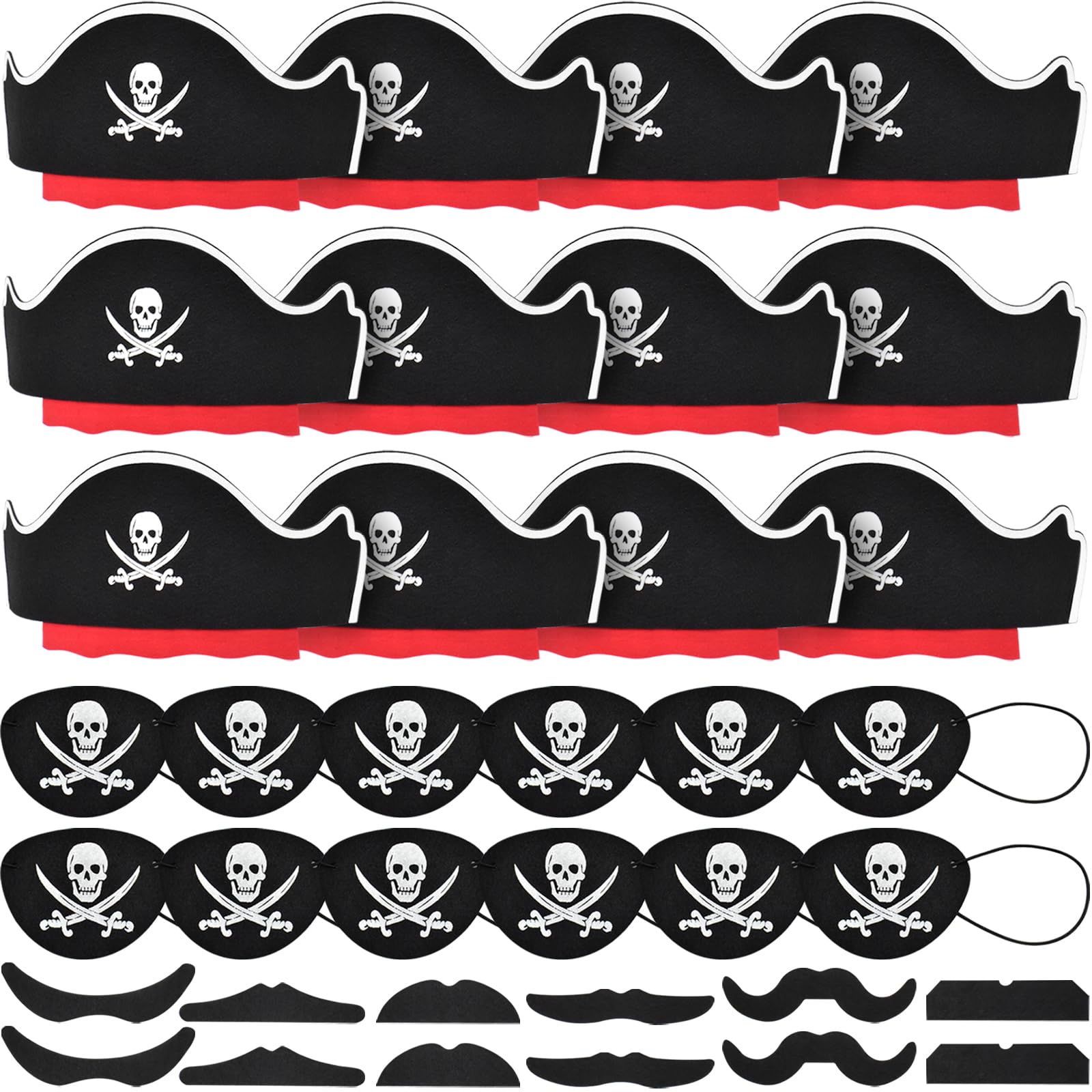 Halatool 36-Piece Pirate Accessories Set – Felt Hats, Eye Patches & Mustaches for 12 People