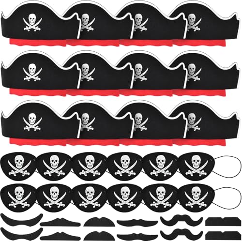 Halatool 36-Piece Pirate Accessories Set – Felt Hats, Eye Patches & Mustaches for 12 People