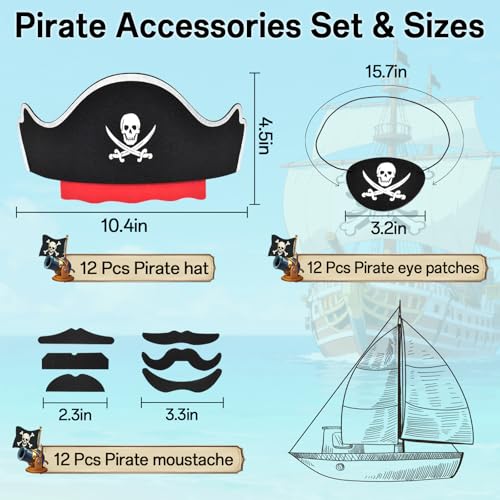 Halatool 36-Piece Pirate Accessories Set – Felt Hats, Eye Patches & Mustaches for 12 People