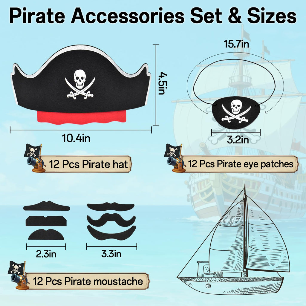 Halatool 36-Piece Pirate Accessories Set – Felt Hats, Eye Patches & Mustaches for 12 People