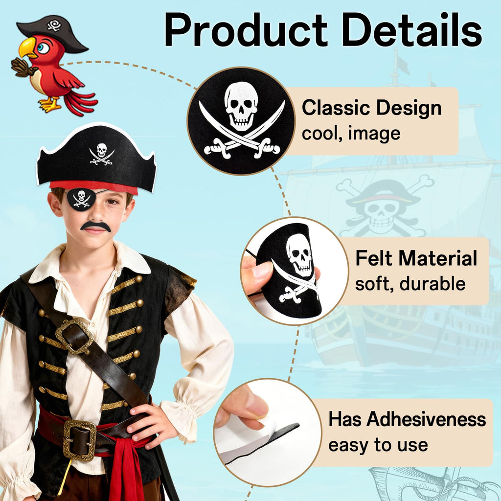 Halatool 36-Piece Pirate Accessories Set – Felt Hats, Eye Patches & Mustaches for 12 People