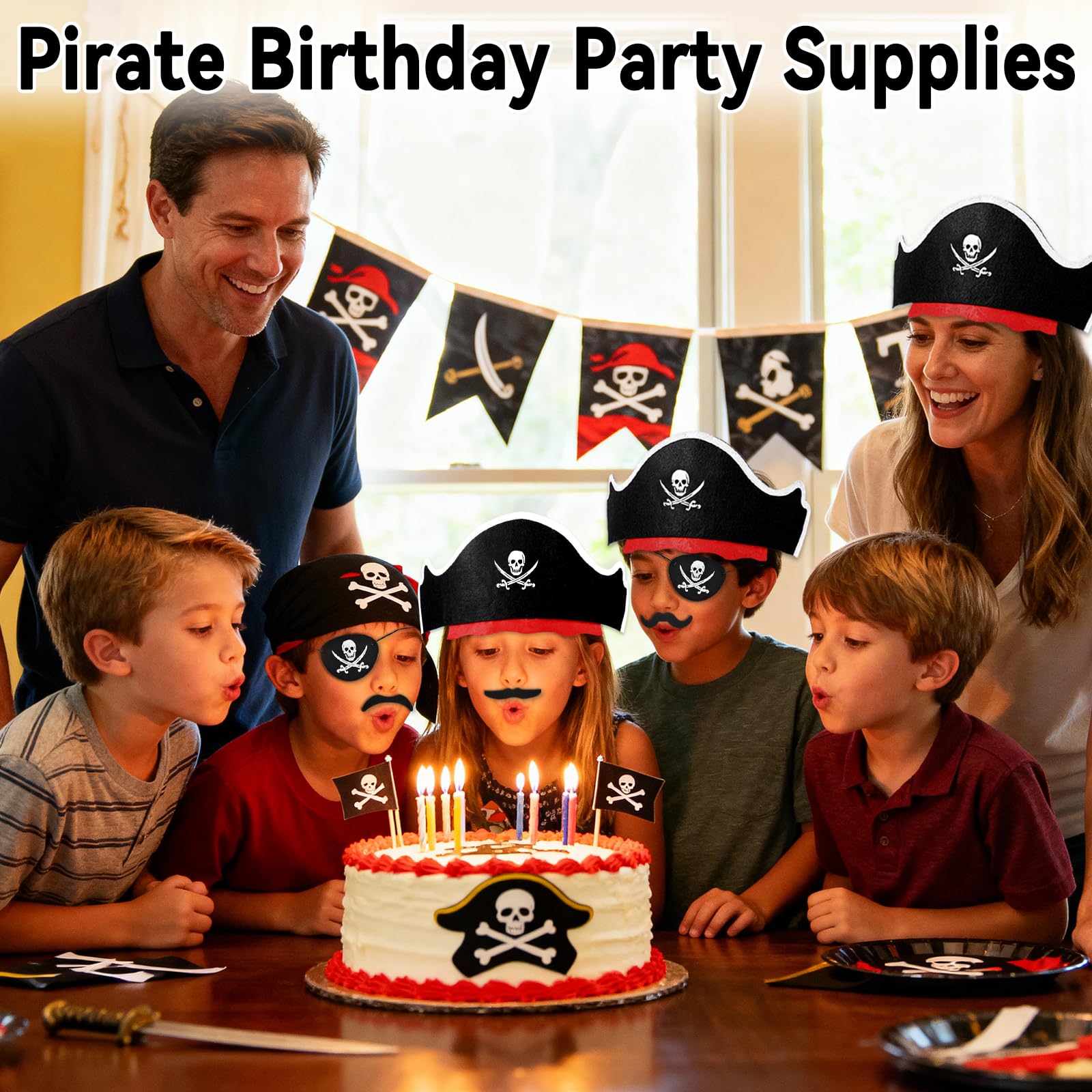 Halatool 36-Piece Pirate Accessories Set – Felt Hats, Eye Patches & Mustaches for 12 People