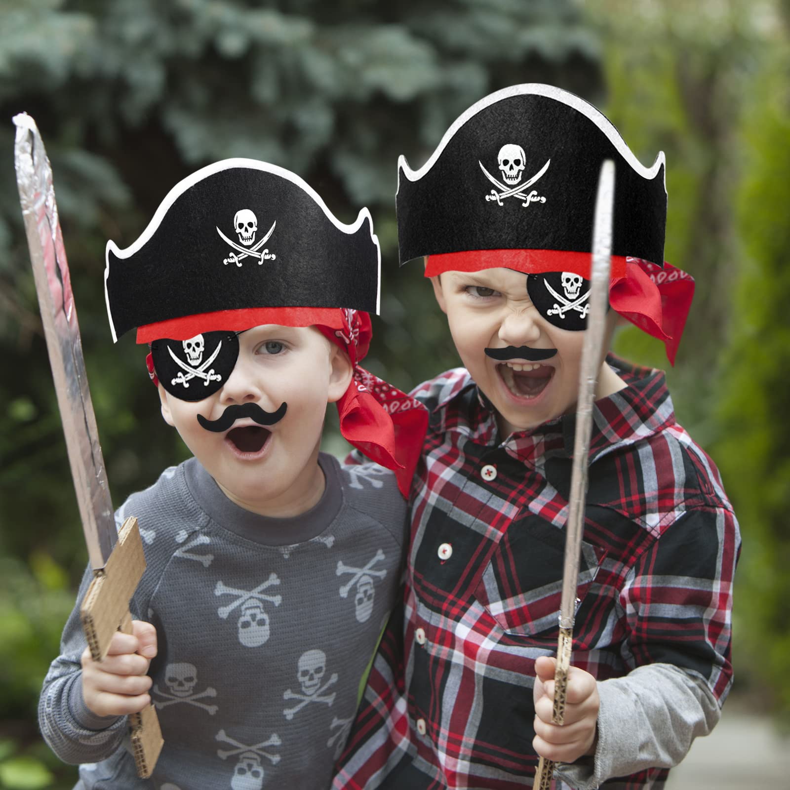 Halatool 36-Piece Pirate Accessories Set – Felt Hats, Eye Patches & Mustaches for 12 People