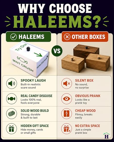 HALEEMS Spider Prank Box with Built-in Spooky Laugh – Solid Wood Candy Box Disguise, Fits Gift Cards & Money, Funny Gag Toy for Kids & Adults
