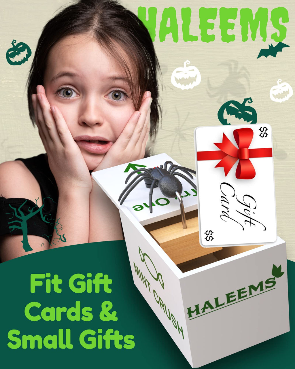 HALEEMS Spider Prank Box with Built-in Spooky Laugh – Solid Wood Candy Box Disguise, Fits Gift Cards & Money, Funny Gag Toy for Kids & Adults