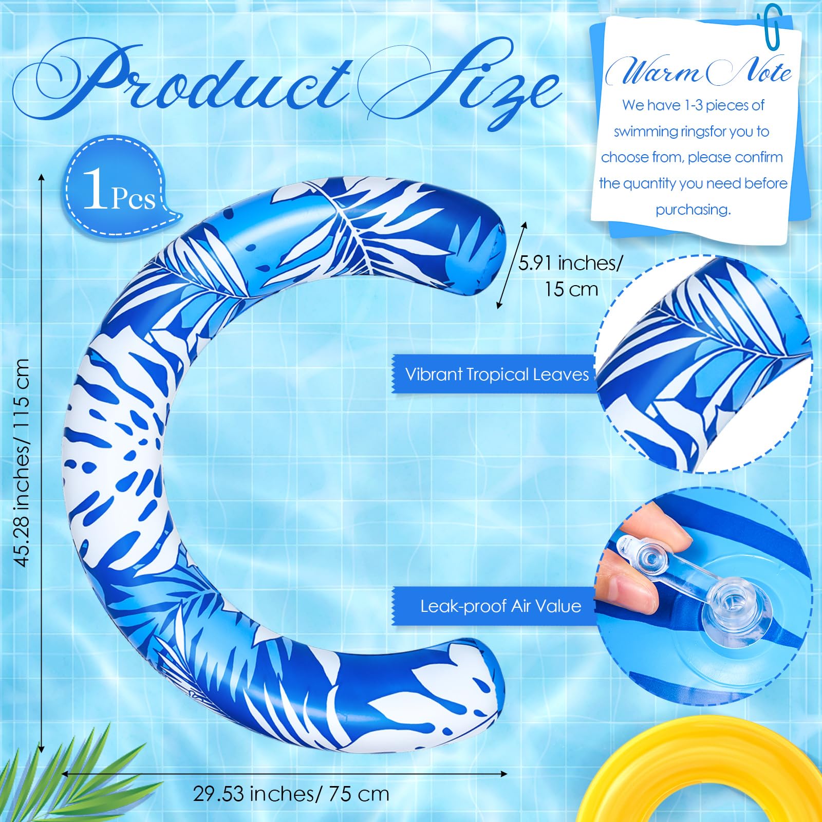 Halloscume 1 Pack Jumbo Blue Curved Inflatable Pool Noodle 45x30 inches Tropical Leaves Float for Adults
