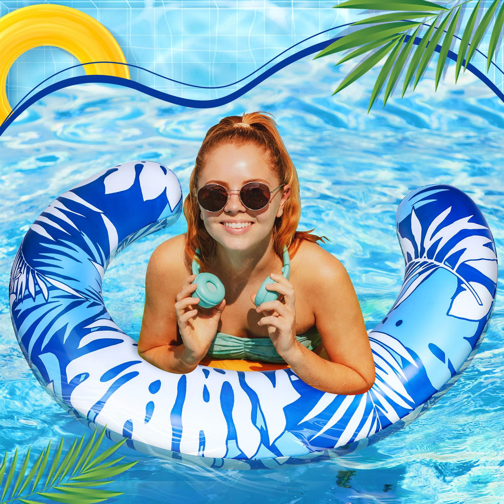 Halloscume 1 Pack Jumbo Blue Curved Inflatable Pool Noodle 45x30 inches Tropical Leaves Float for Adults