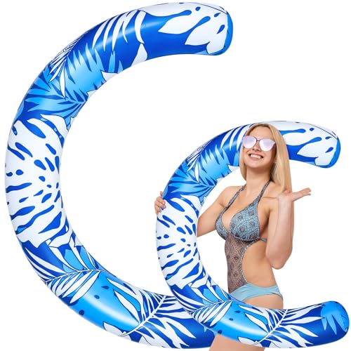 Halloscume 1 Pack Jumbo Blue Curved Inflatable Pool Noodle 45x30 inches Tropical Leaves Float for Adults