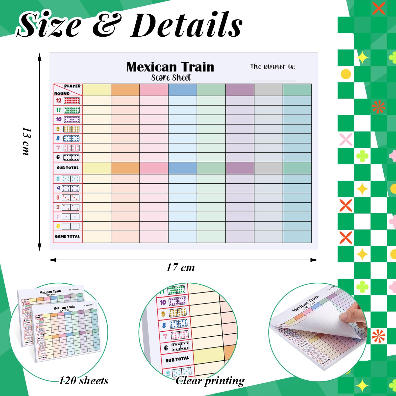 Halloscume 2-Pack Mexican Train Score Pads – 120 Sheets, Colorful Chicken Foot Dominoes Score Sheets, 6.7x5.1 Inches