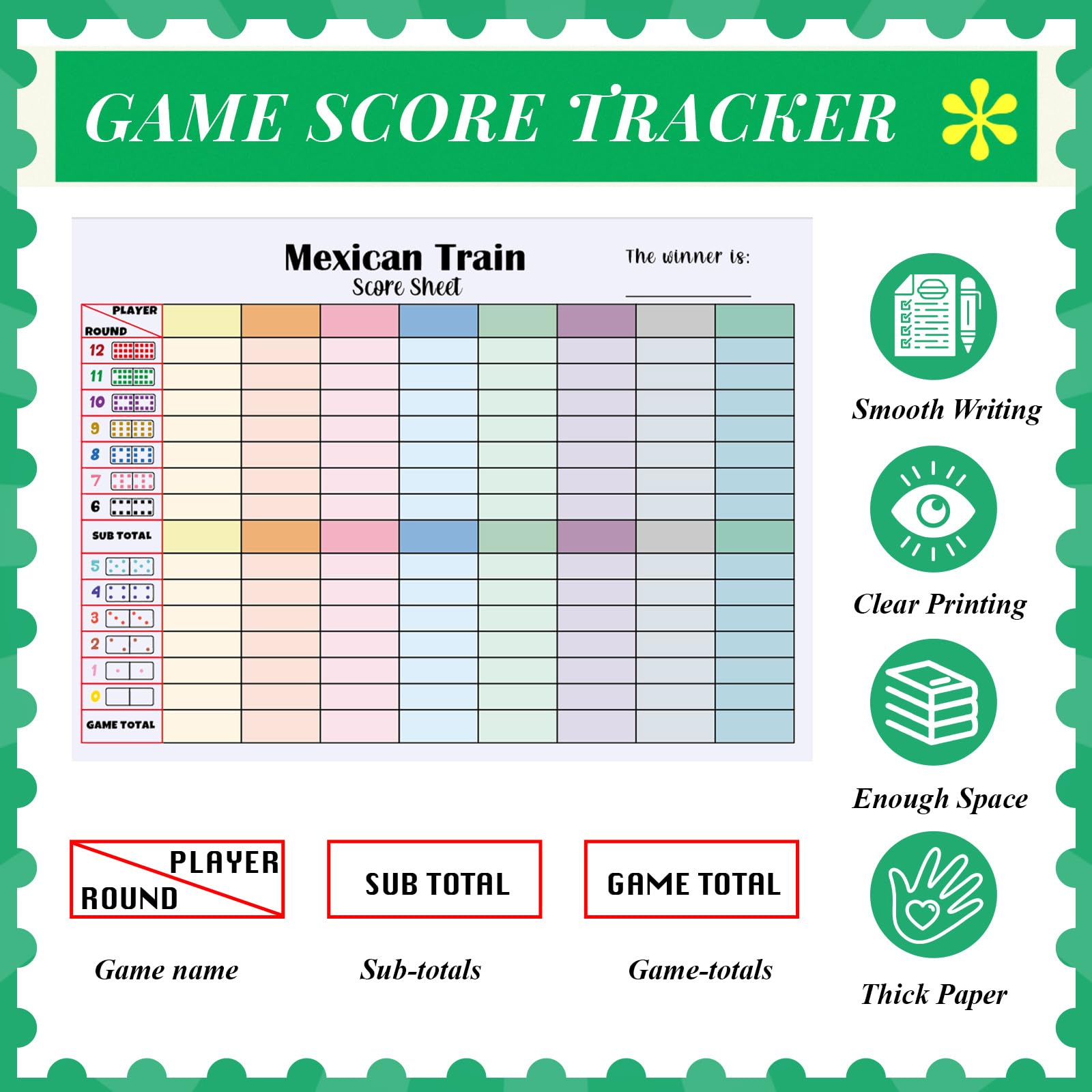 Halloscume 2-Pack Mexican Train Score Pads – 120 Sheets, Colorful Chicken Foot Dominoes Score Sheets, 6.7x5.1 Inches