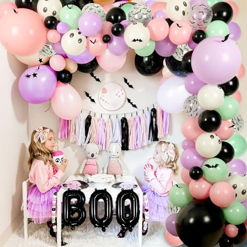 Halloween Balloon Arch Kit 122 Pieces Black Purple Pink with Bat Stickers for Baby Shower Birthday