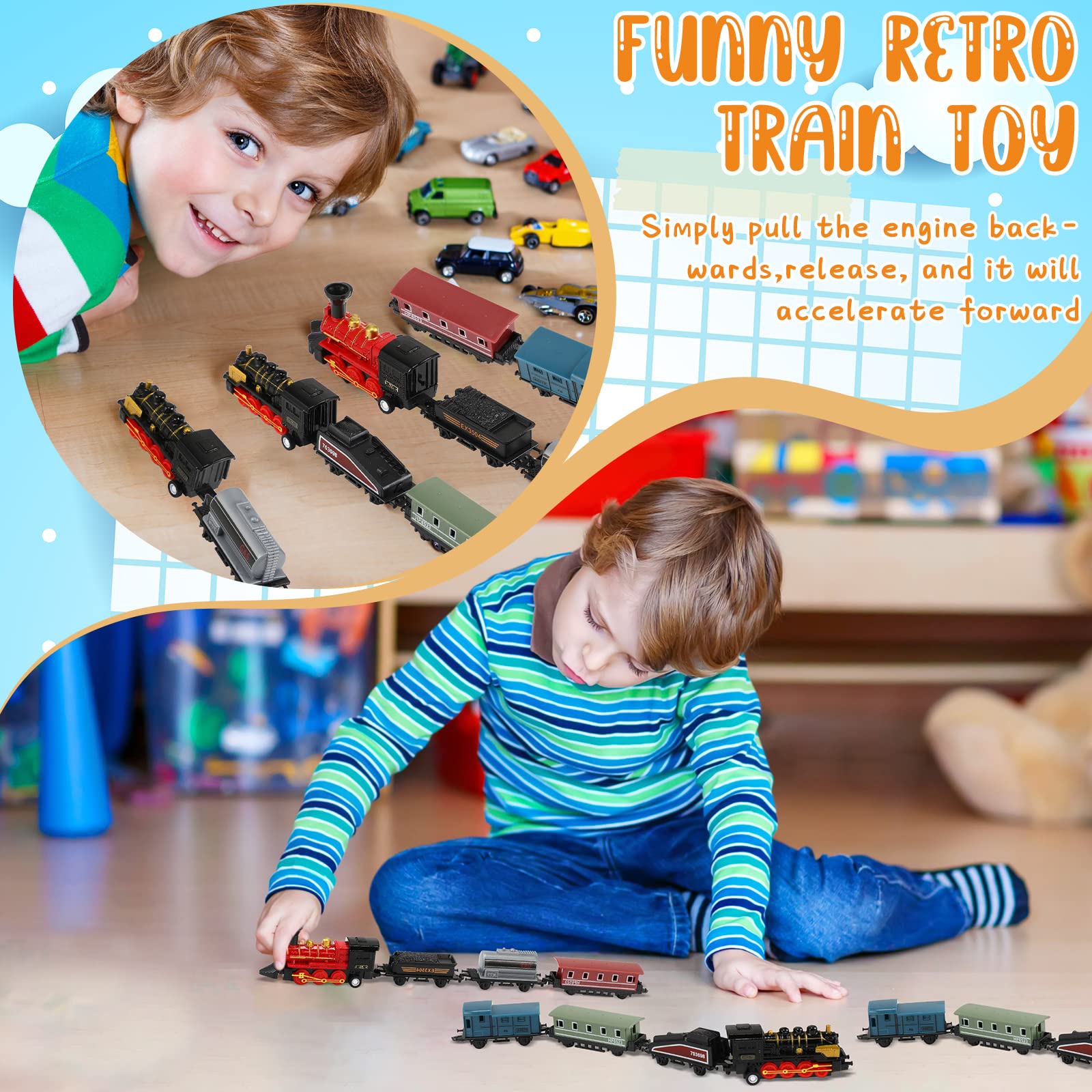 Hanaive 2 Sets Pull Back Train Toys – Alloy Locomotive with 3 Cars, Black & Red, for Kids Ages 3+