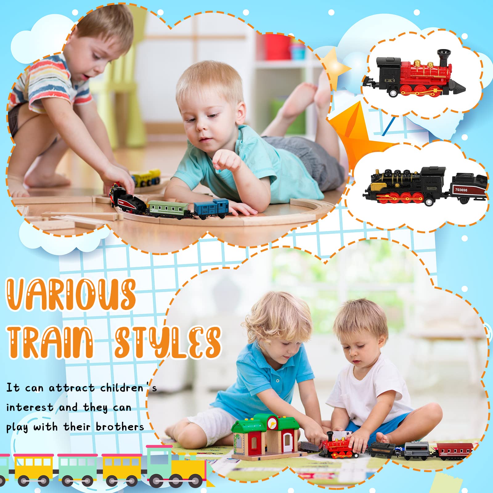 Hanaive 2 Sets Pull Back Train Toys – Alloy Locomotive with 3 Cars, Black & Red, for Kids Ages 3+