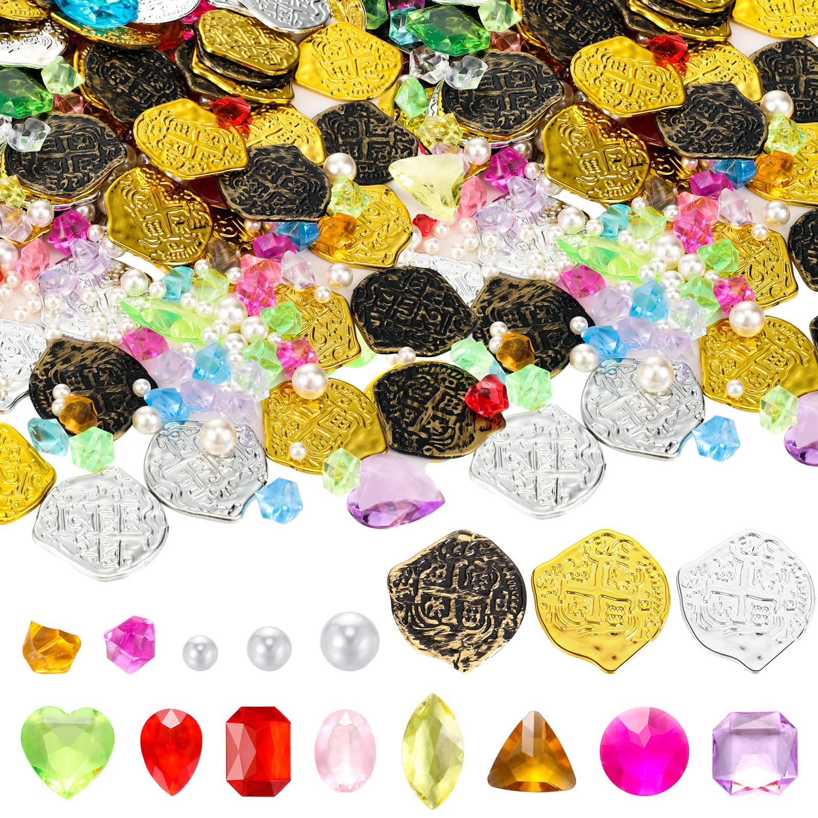 Hanaive 319-Piece Pirate Treasure Set – Fake Gold Coins, Plastic Gems, and Pearls for Party Decor & Games