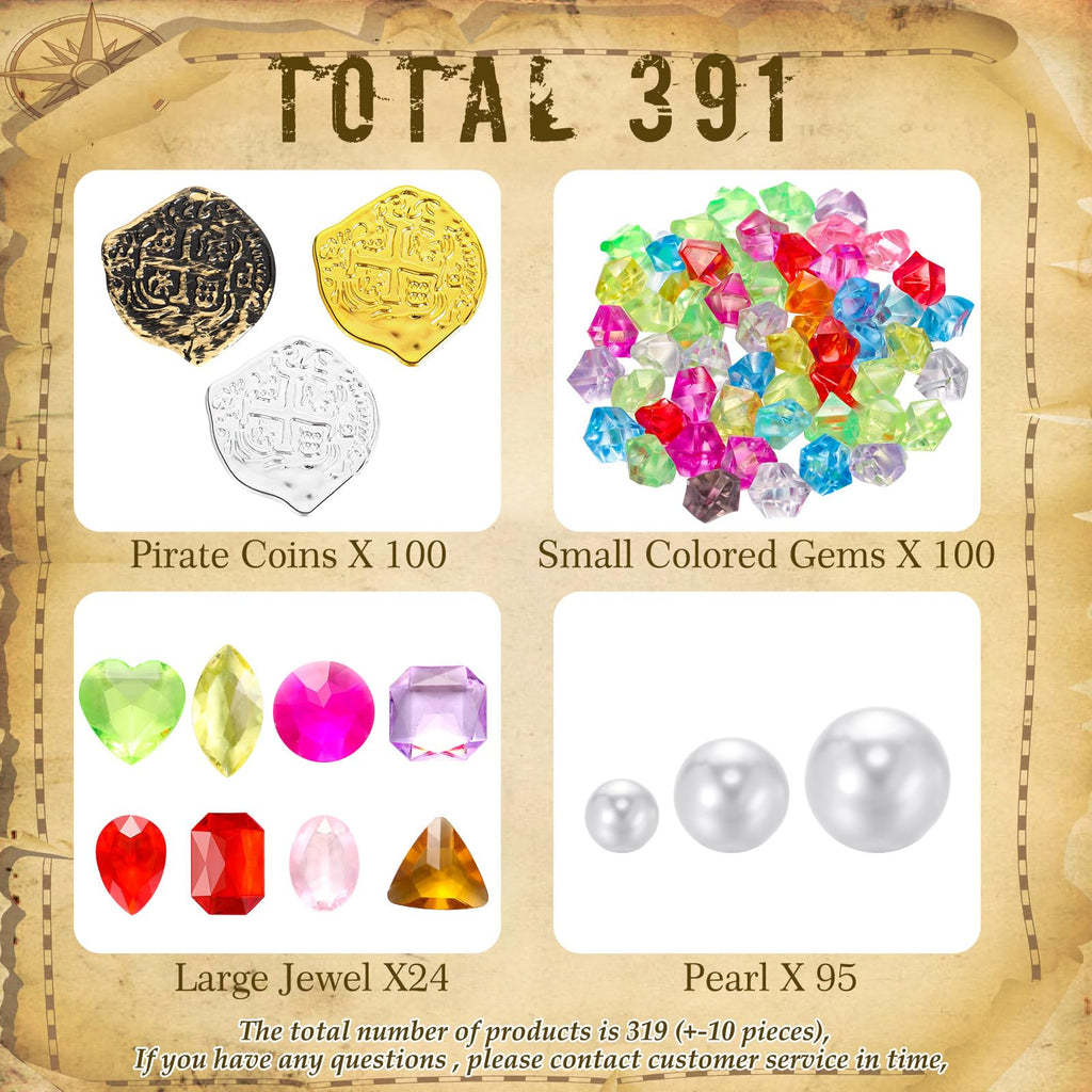 Hanaive 319-Piece Pirate Treasure Set – Fake Gold Coins, Plastic Gems, and Pearls for Party Decor & Games