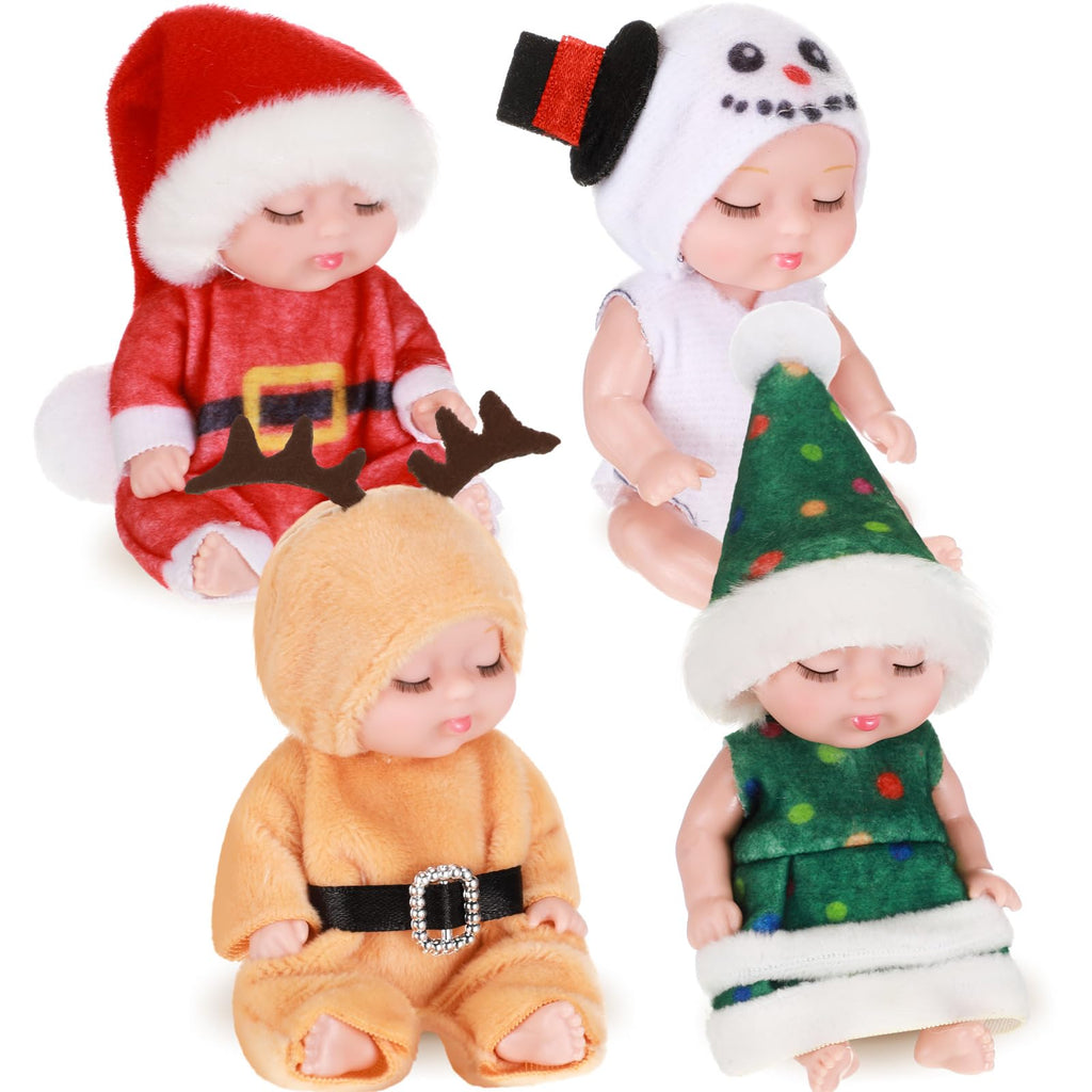 Hanaive 4-Piece Mini Baby Dolls Set – 4 Inch Poseable Christmas Dolls with Santa, Snowman, Tree & Elk Outfits