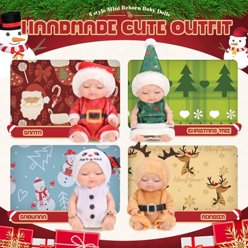 Hanaive 4-Piece Mini Baby Dolls Set – 4 Inch Poseable Christmas Dolls with Santa, Snowman, Tree & Elk Outfits