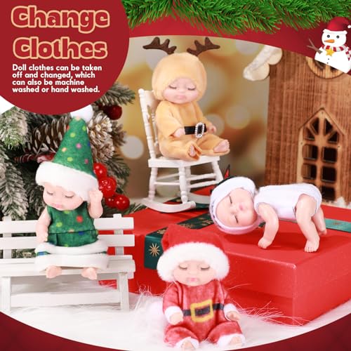 Hanaive 4-Piece Mini Baby Dolls Set – 4 Inch Poseable Christmas Dolls with Santa, Snowman, Tree & Elk Outfits