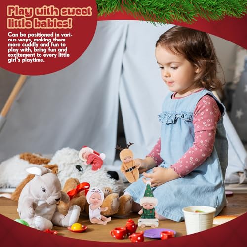 Hanaive 4-Piece Mini Baby Dolls Set – 4 Inch Poseable Christmas Dolls with Santa, Snowman, Tree & Elk Outfits