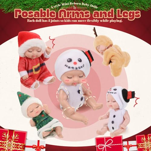 Hanaive 4-Piece Mini Baby Dolls Set – 4 Inch Poseable Christmas Dolls with Santa, Snowman, Tree & Elk Outfits