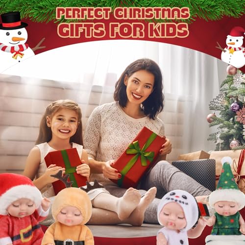 Hanaive 4-Piece Mini Baby Dolls Set – 4 Inch Poseable Christmas Dolls with Santa, Snowman, Tree & Elk Outfits