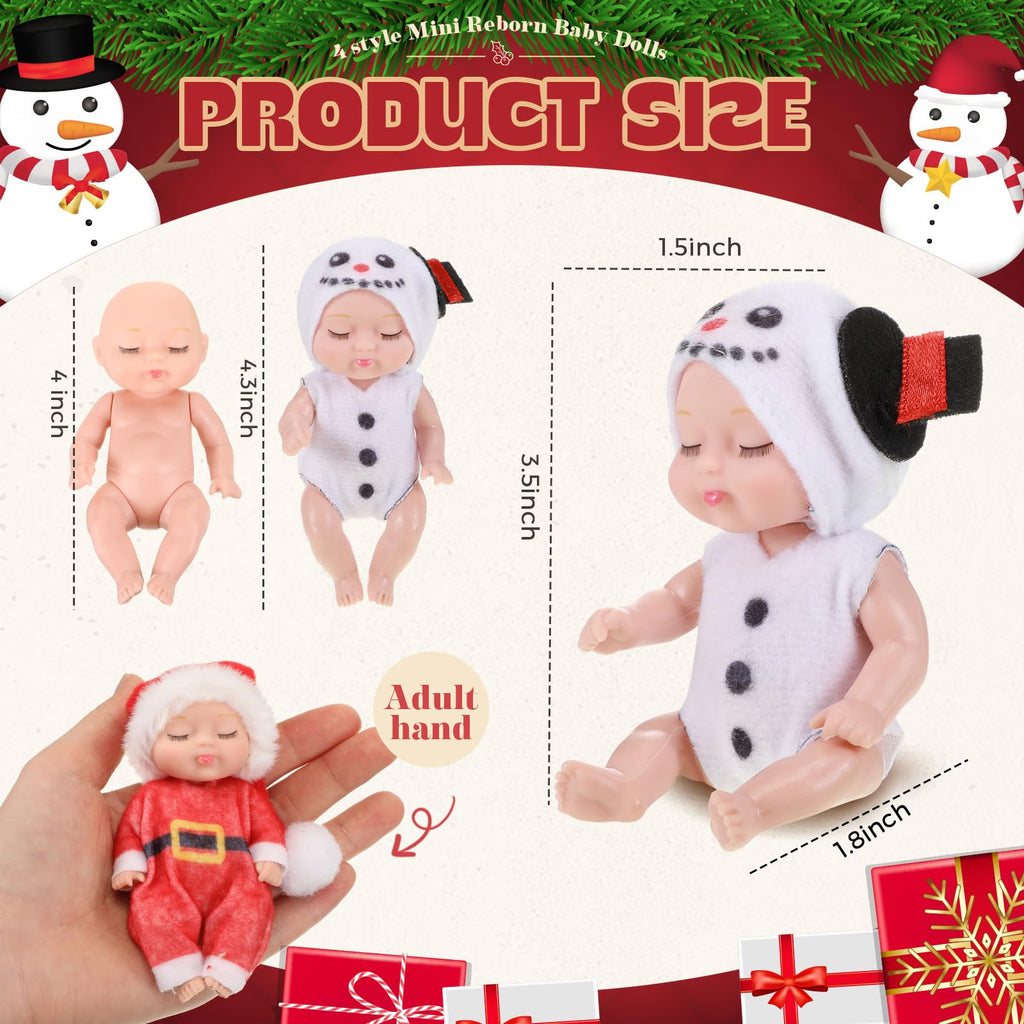 Hanaive 4-Piece Mini Baby Dolls Set – 4 Inch Poseable Christmas Dolls with Santa, Snowman, Tree & Elk Outfits