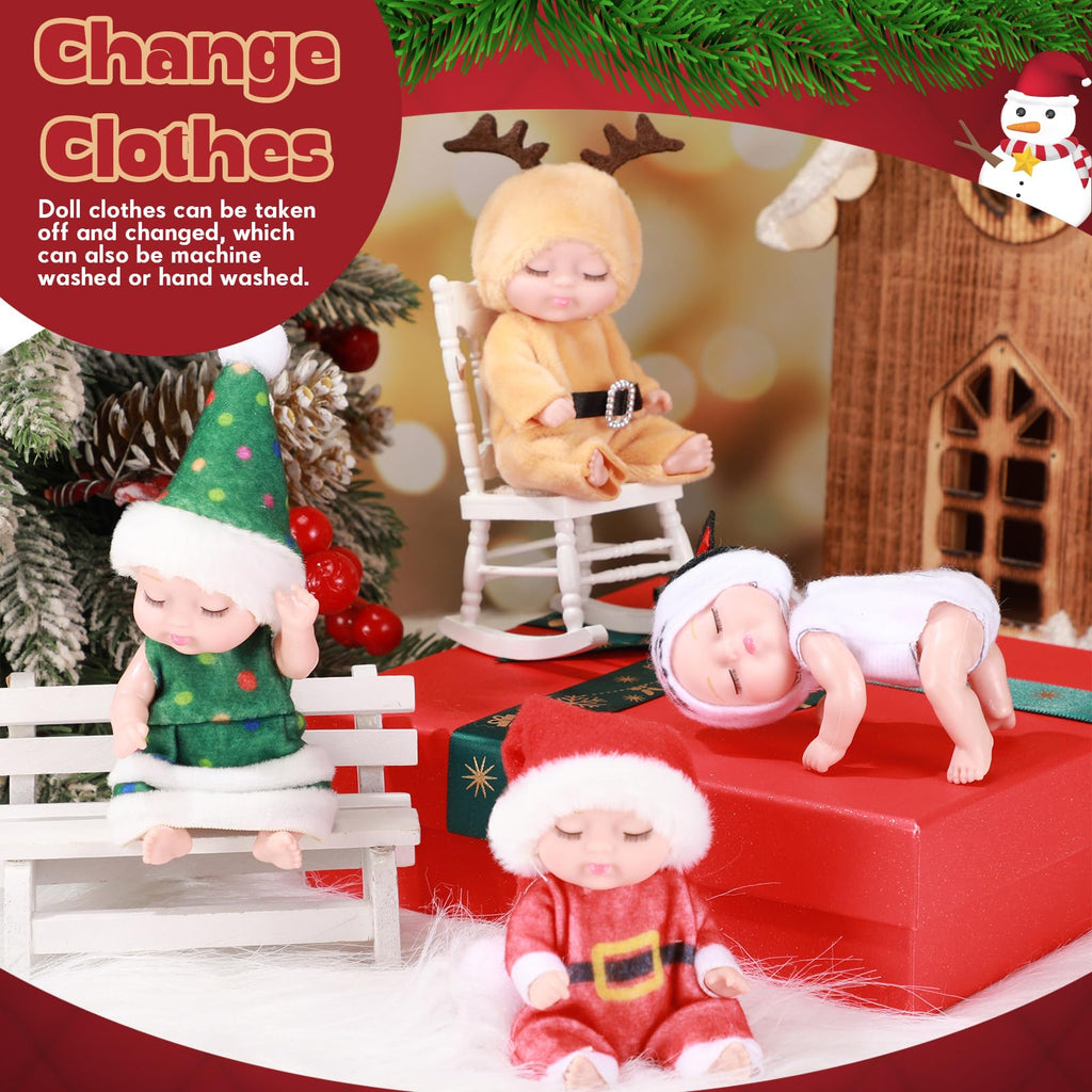 Hanaive 4-Piece Mini Baby Dolls Set – 4 Inch Poseable Christmas Dolls with Santa, Snowman, Tree & Elk Outfits