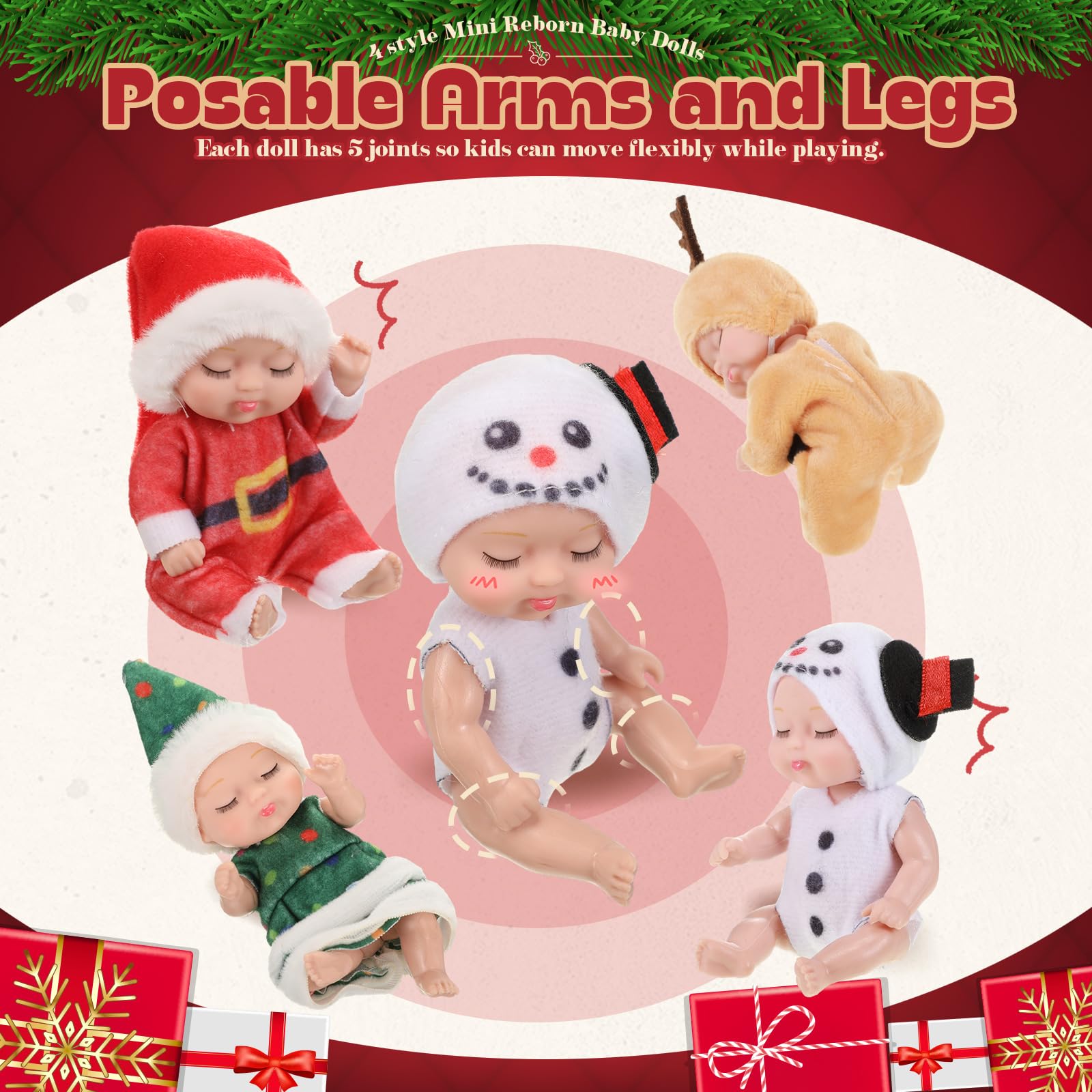 Hanaive 4-Piece Mini Baby Dolls Set – 4 Inch Poseable Christmas Dolls with Santa, Snowman, Tree & Elk Outfits