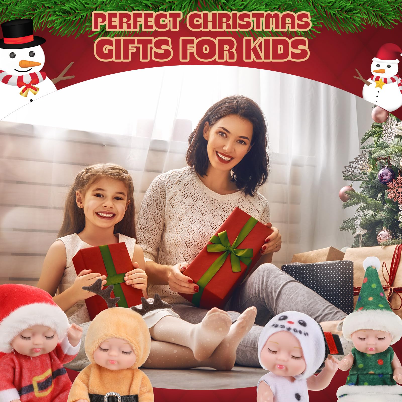 Hanaive 4-Piece Mini Baby Dolls Set – 4 Inch Poseable Christmas Dolls with Santa, Snowman, Tree & Elk Outfits