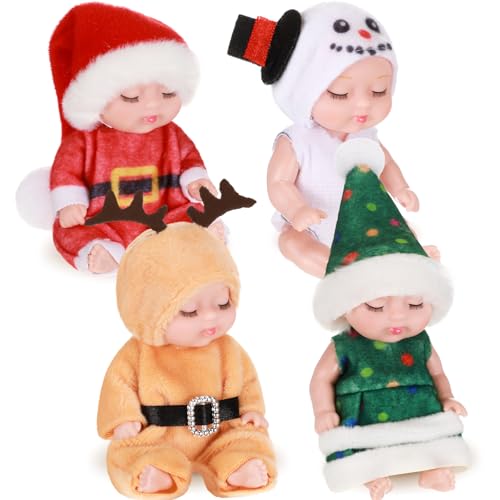 Hanaive 4-Piece Mini Baby Dolls Set – 4 Inch Poseable Christmas Dolls with Santa, Snowman, Tree & Elk Outfits