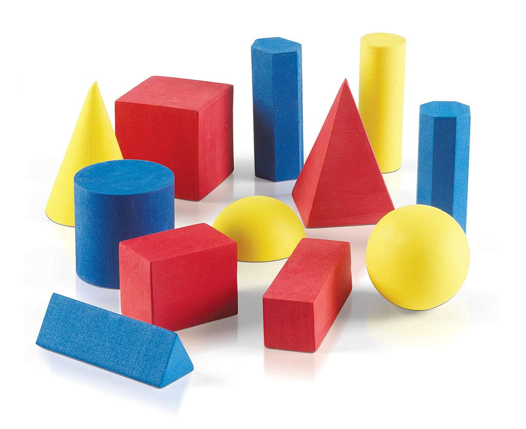 Hand2Mind Foam Geometric Solid Blocks - 12-Piece Set of 3D Shapes for Learning Geometry
