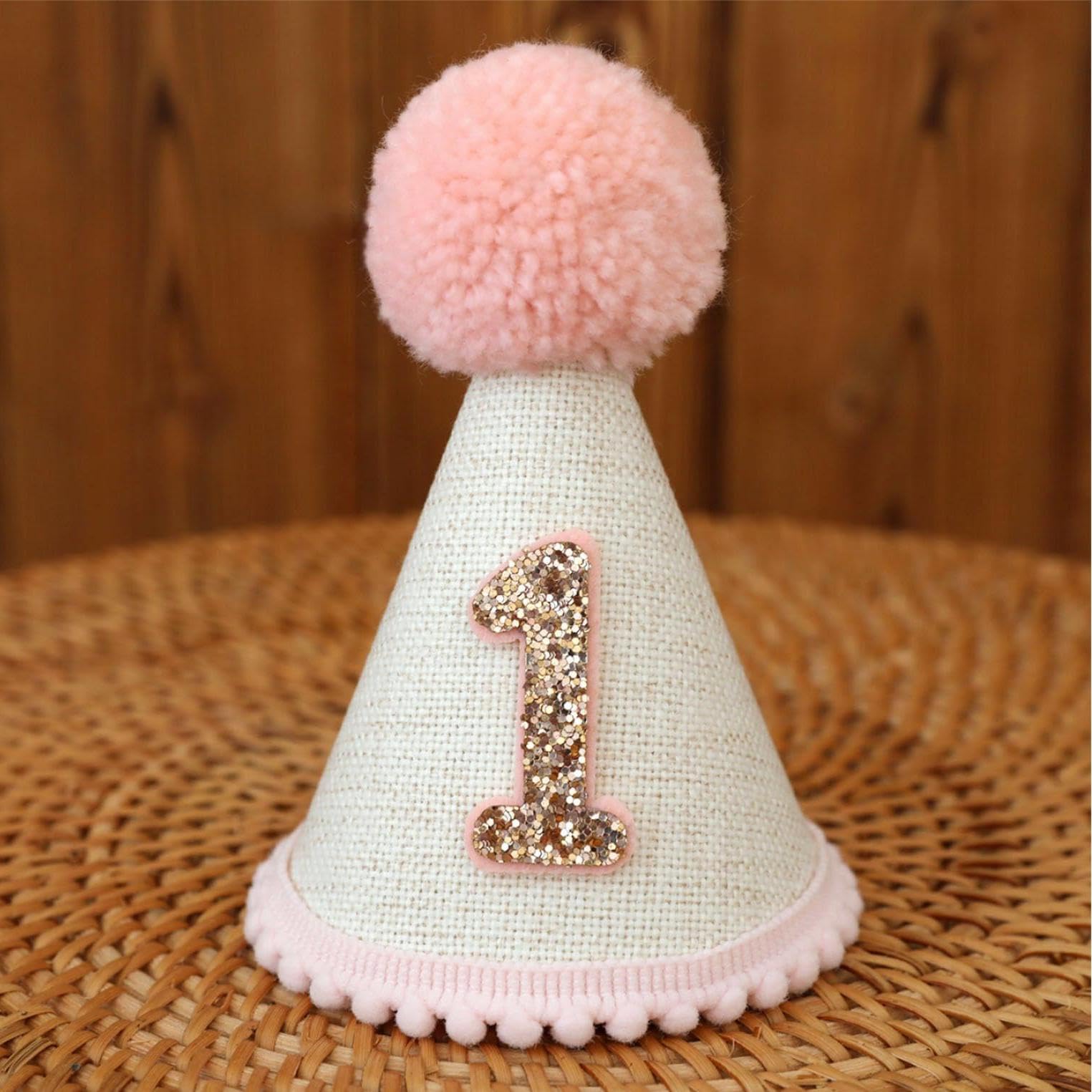 Handmade Cone and Crown Felt Birthday Hat for Baby's First Birthday Party Decor and Photo Props