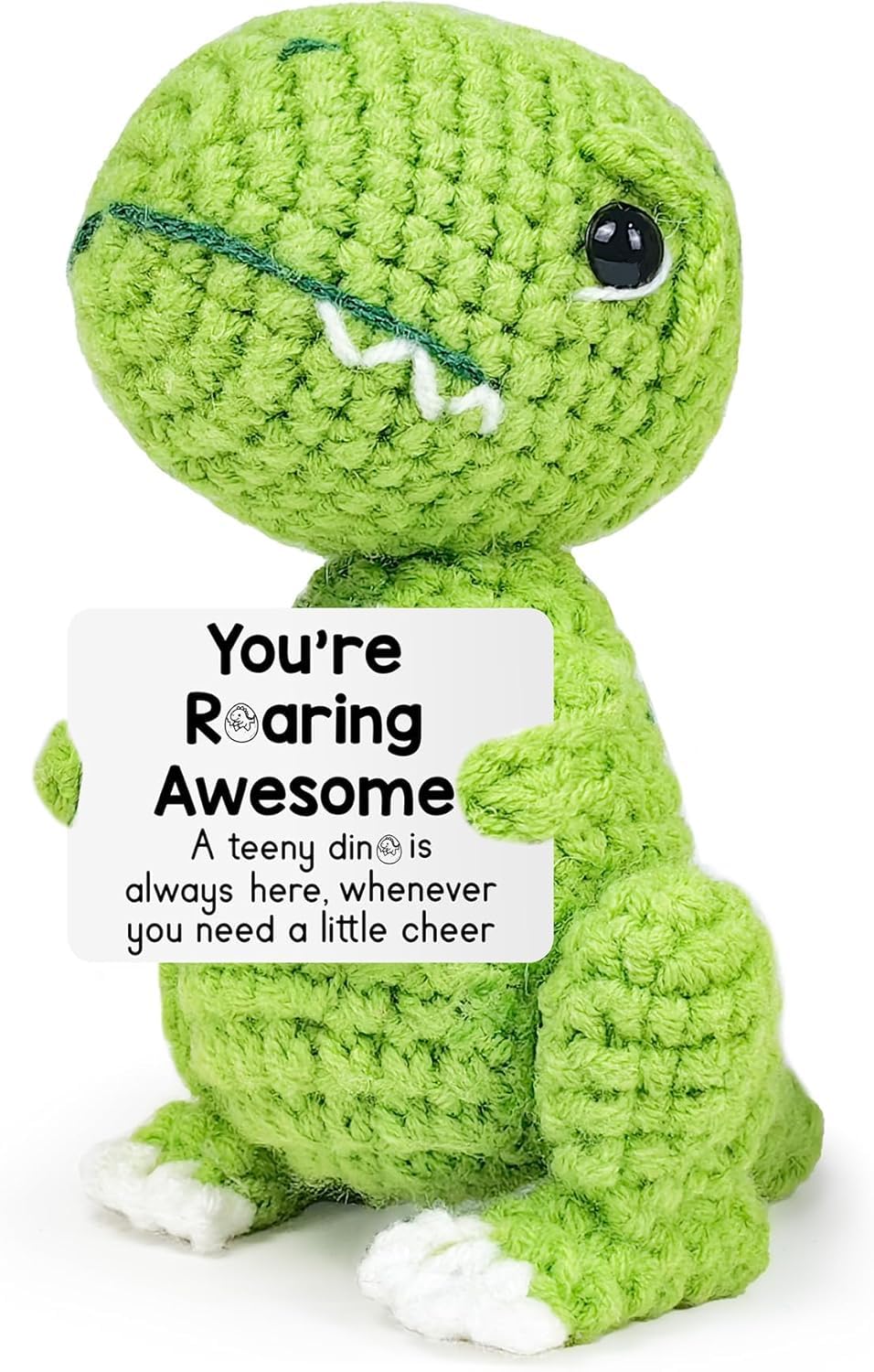Handmade Crochet Dinosaur with Positive Card – Funny Emotional Support Gift for Stress Relief