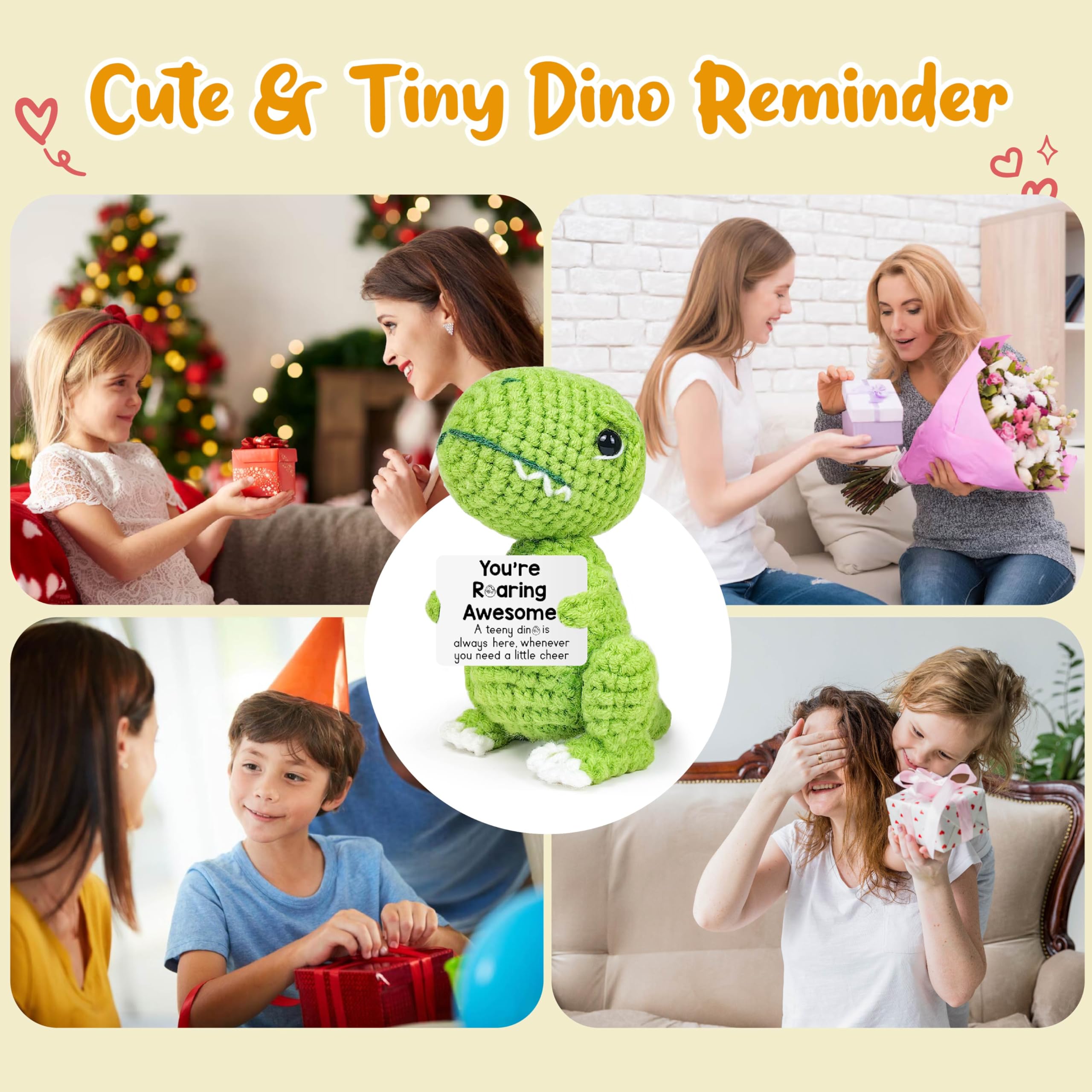 Handmade Crochet Dinosaur with Positive Card – Funny Emotional Support Gift for Stress Relief