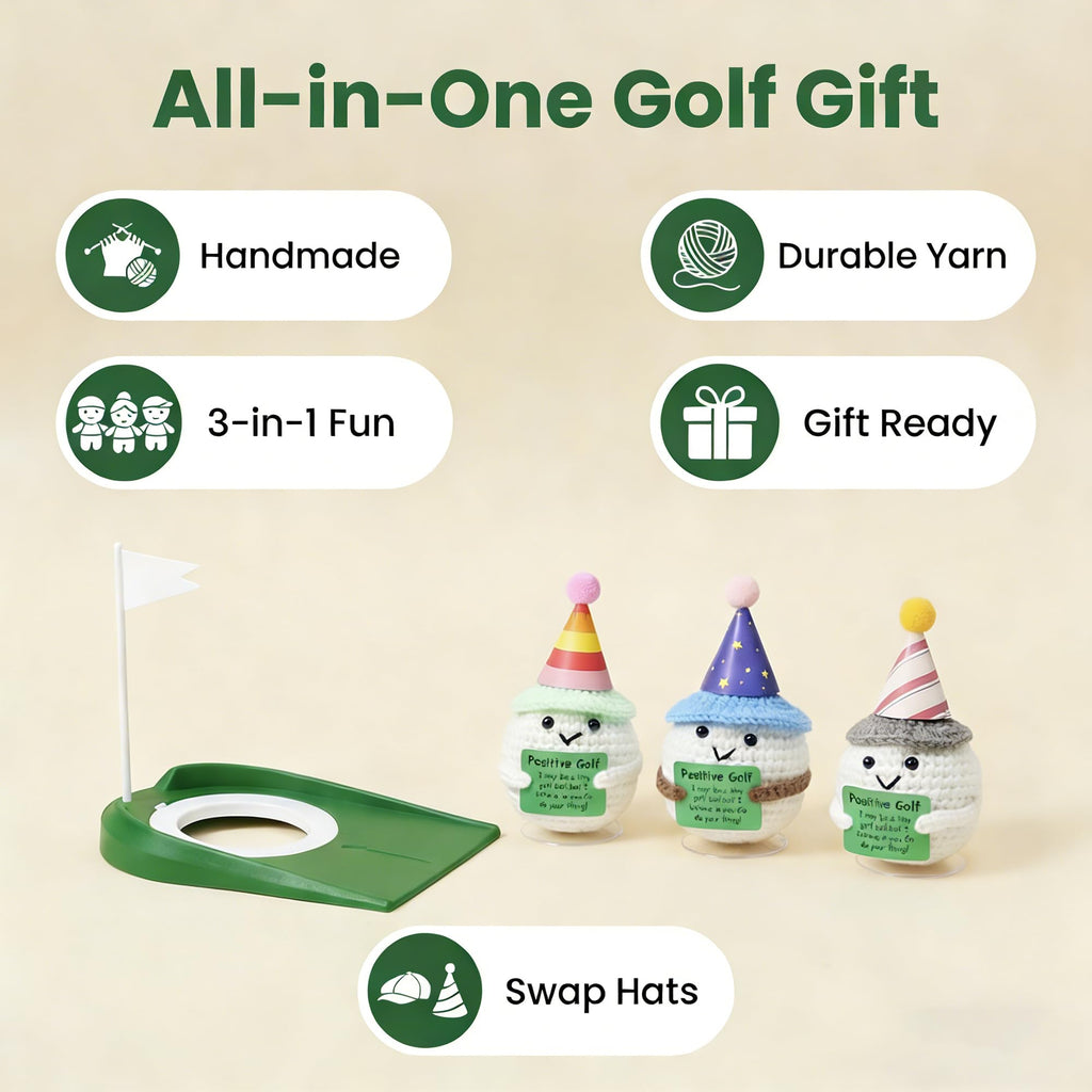 Handmade Crochet Golf Set – 3 Plushie Golf Balls, 6 Hats & Putter Trainer – Unique Desk Decor & Gift for Golf Lovers