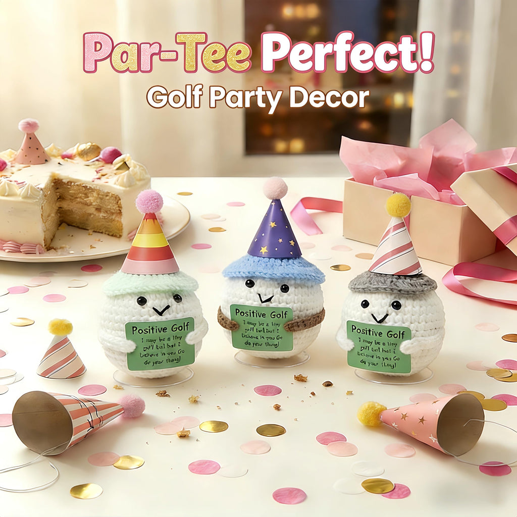 Handmade Crochet Golf Set – 3 Plushie Golf Balls, 6 Hats & Putter Trainer – Unique Desk Decor & Gift for Golf Lovers