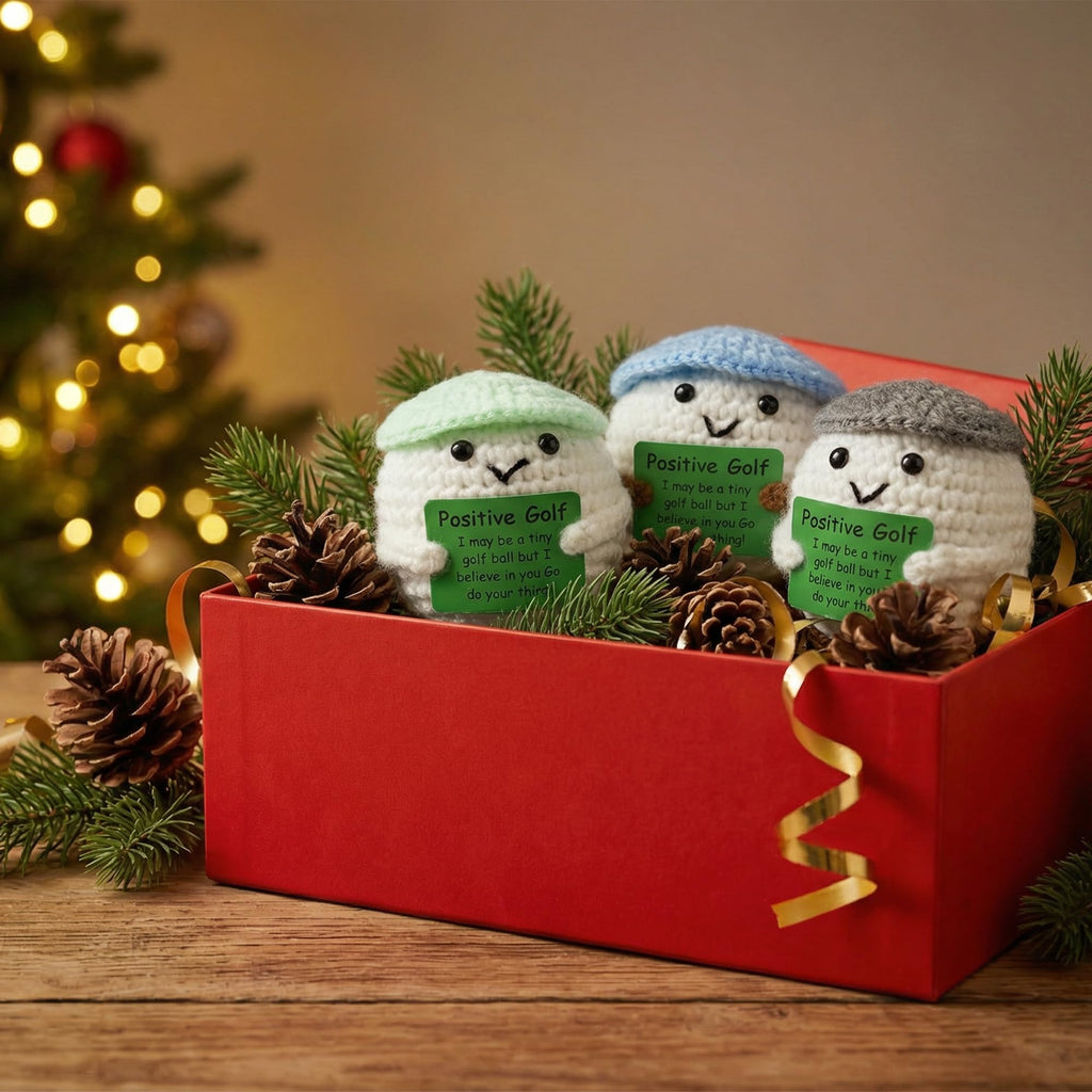 Handmade Crochet Golf Set – 3 Plushie Golf Balls, 6 Hats & Putter Trainer – Unique Desk Decor & Gift for Golf Lovers