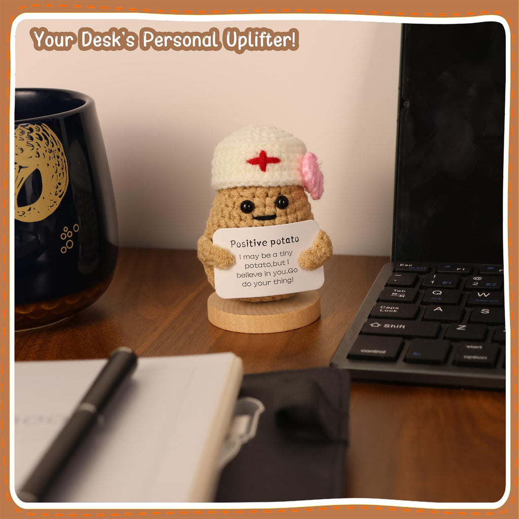 Handmade Crochet Potato Doll with Nurse Hat & Inspirational Card - Emotional Support Mini Gift for Encouragement, Desk Decor, Christmas, Birthday