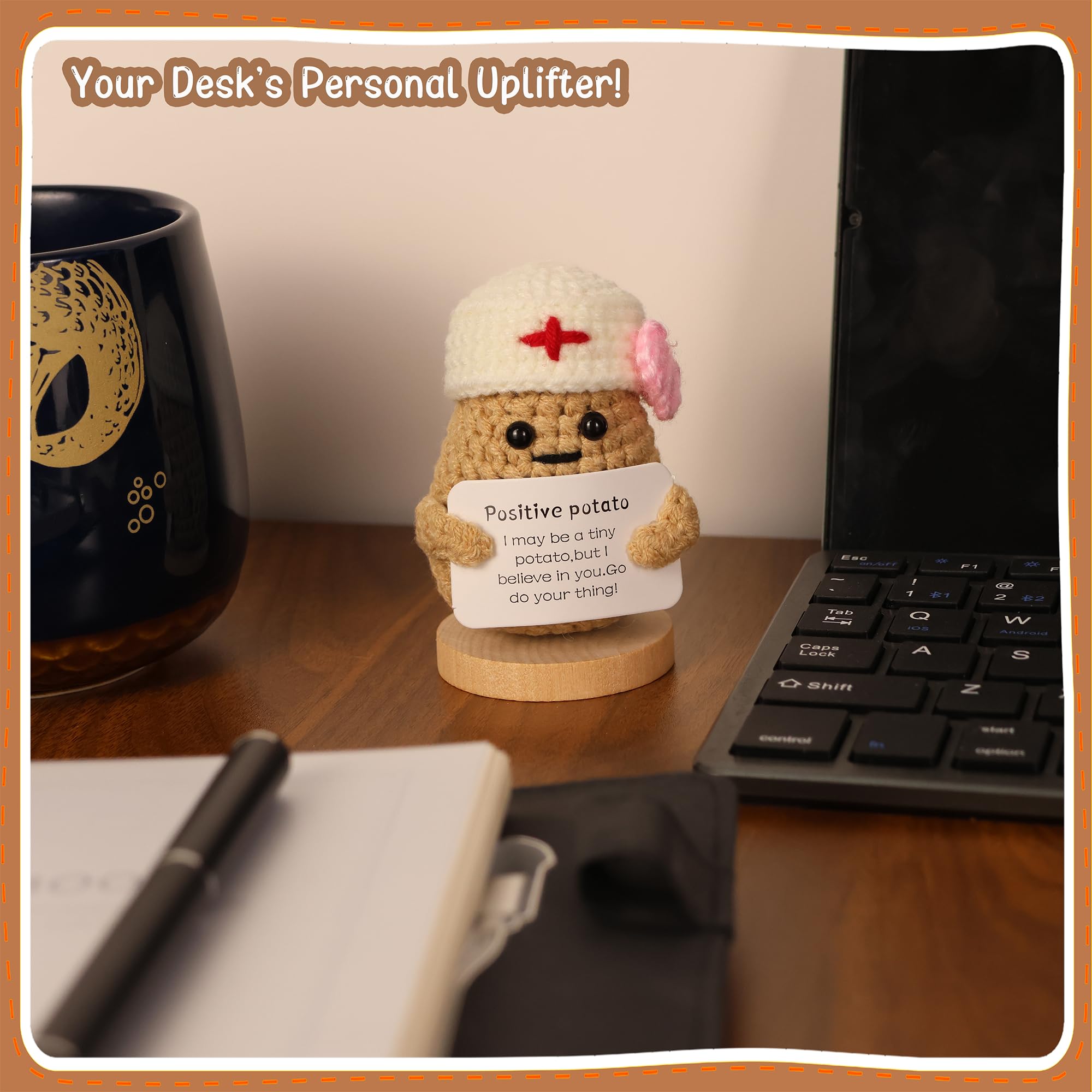 Handmade Crochet Potato Doll with Nurse Hat & Inspirational Card - Emotional Support Mini Gift for Encouragement, Desk Decor, Christmas, Birthday
