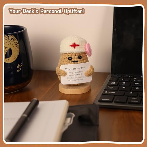 Handmade Crochet Potato Doll with Nurse Hat & Inspirational Card - Emotional Support Mini Gift for Encouragement, Desk Decor, Christmas, Birthday