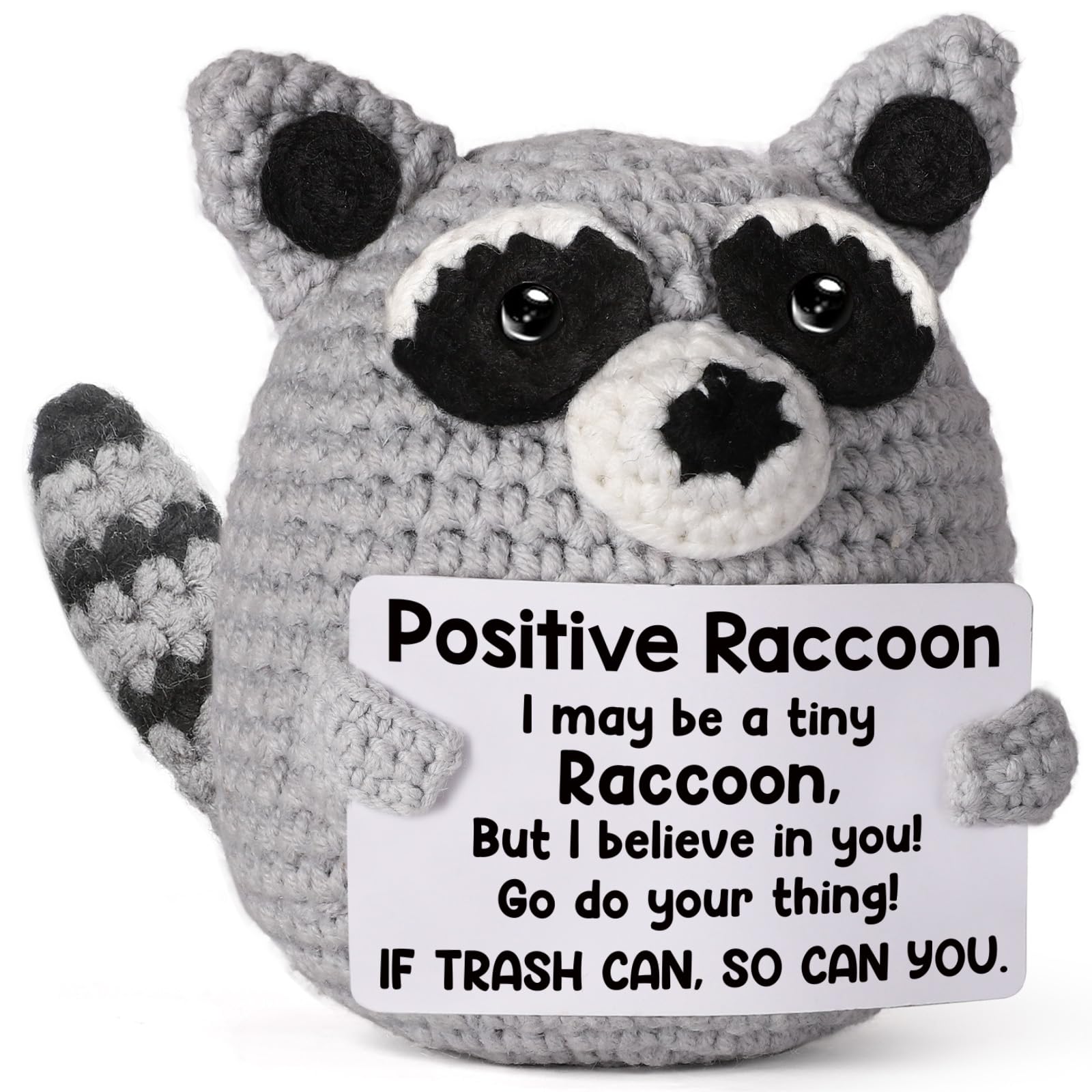 Handmade Crochet Raccoon Plush with Motivational Message – Care Package Gift for College Students, Back to School, Birthday & Christmas