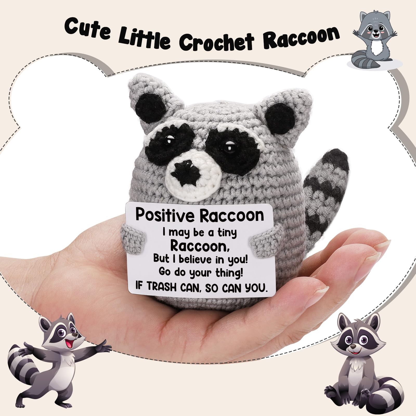 Handmade Crochet Raccoon Plush with Motivational Message – Care Package Gift for College Students, Back to School, Birthday & Christmas