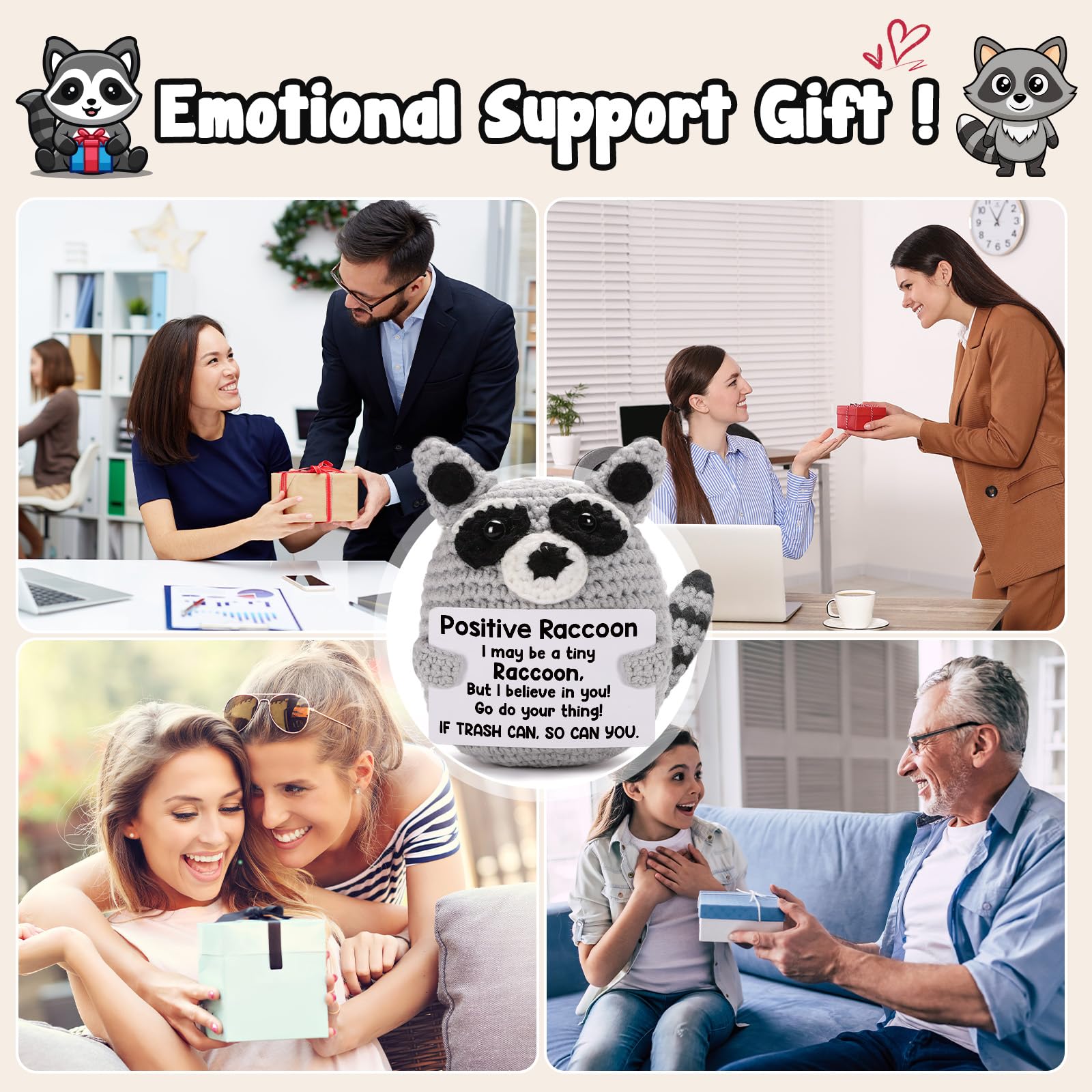 Handmade Crochet Raccoon Plush with Motivational Message – Care Package Gift for College Students, Back to School, Birthday & Christmas