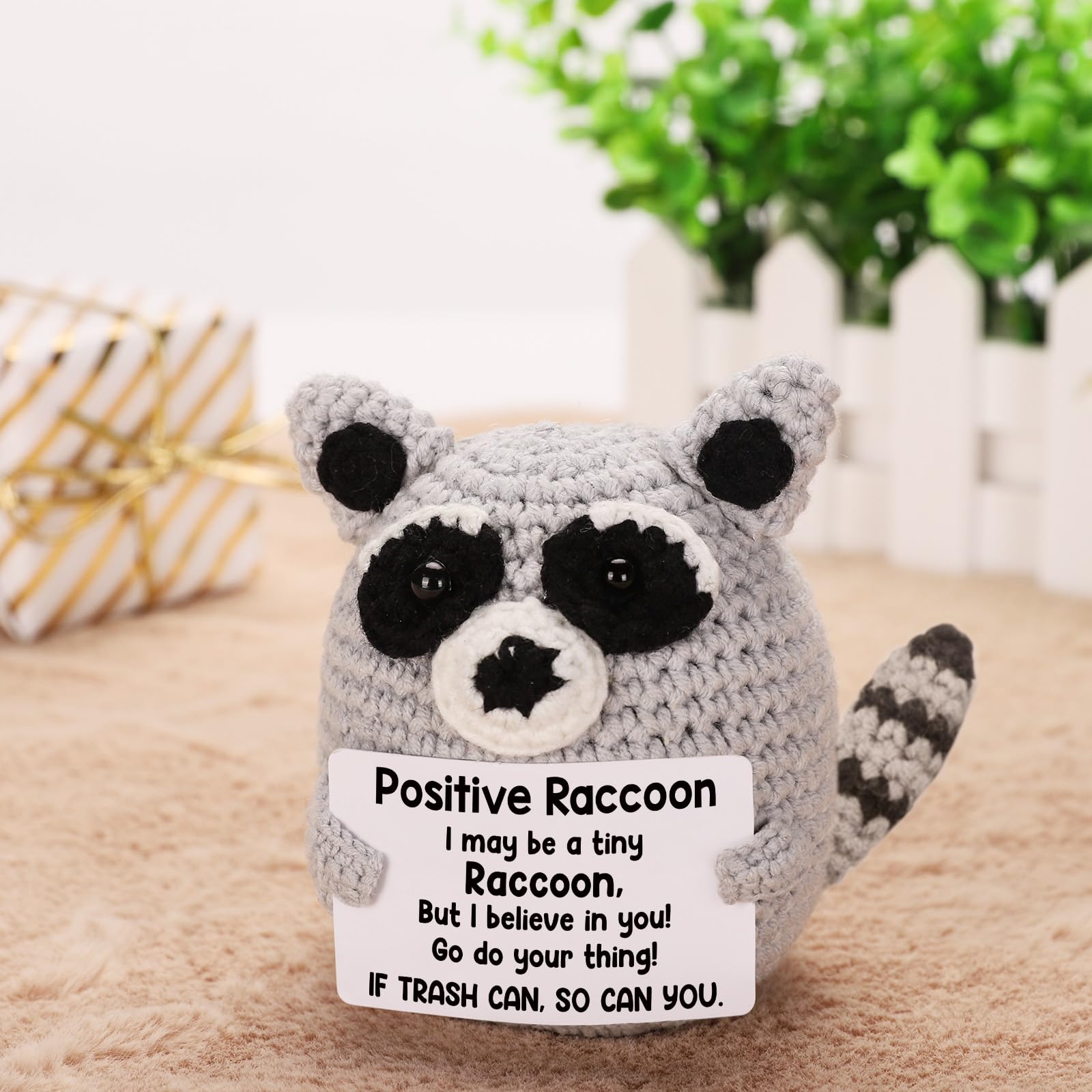 Handmade Crochet Raccoon Plush with Motivational Message – Care Package Gift for College Students, Back to School, Birthday & Christmas